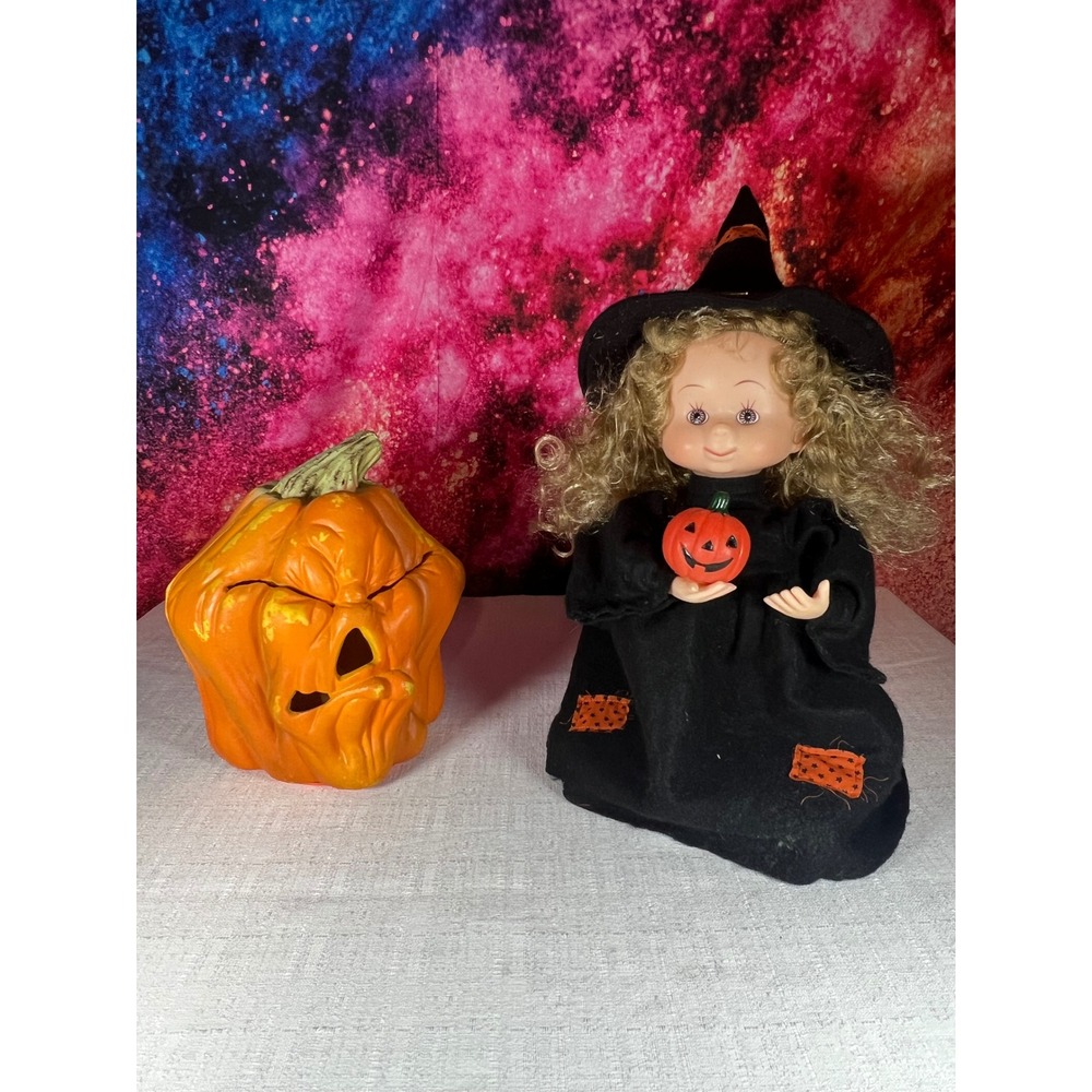 Vintage 90s Halloween Decor Set 14" Witch Doll and Grumpy Jack-O-Lantern